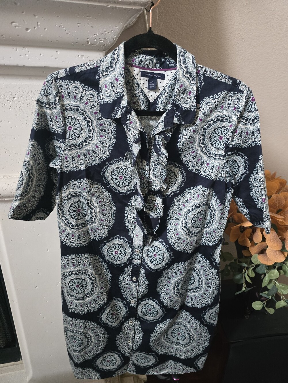 Tommy Hilfiger Navy Medallion Print Short Sleeve Button-Up Shirt Dress SZ. M